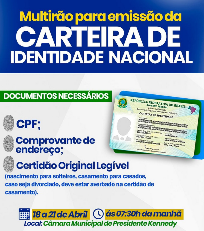 Aviso de mutirão para emissão da Carteira de Identidade Nacional